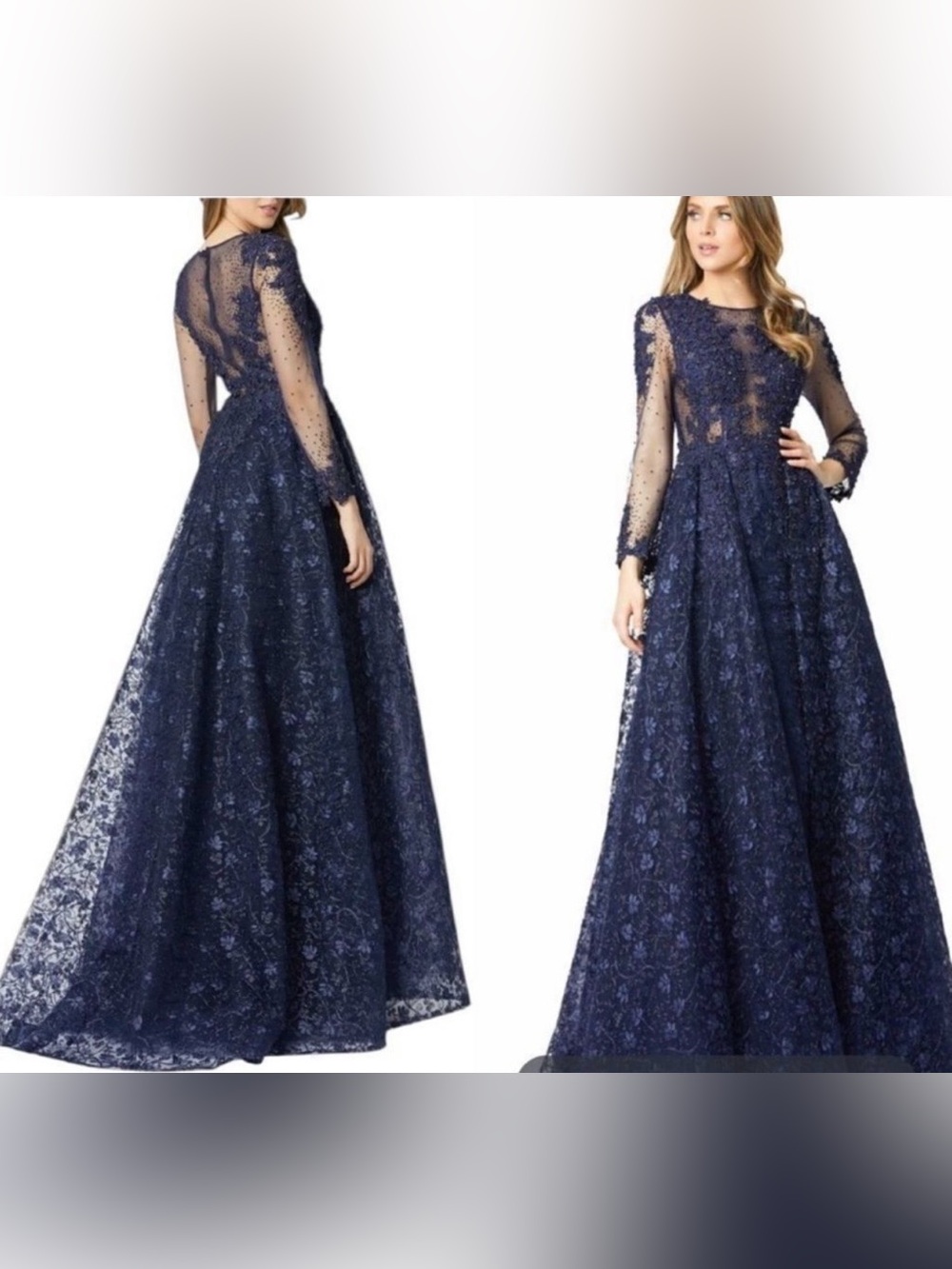 Mac Duggal Navy Embroidered Lace Ball Gown with Sheer Long Sleeves